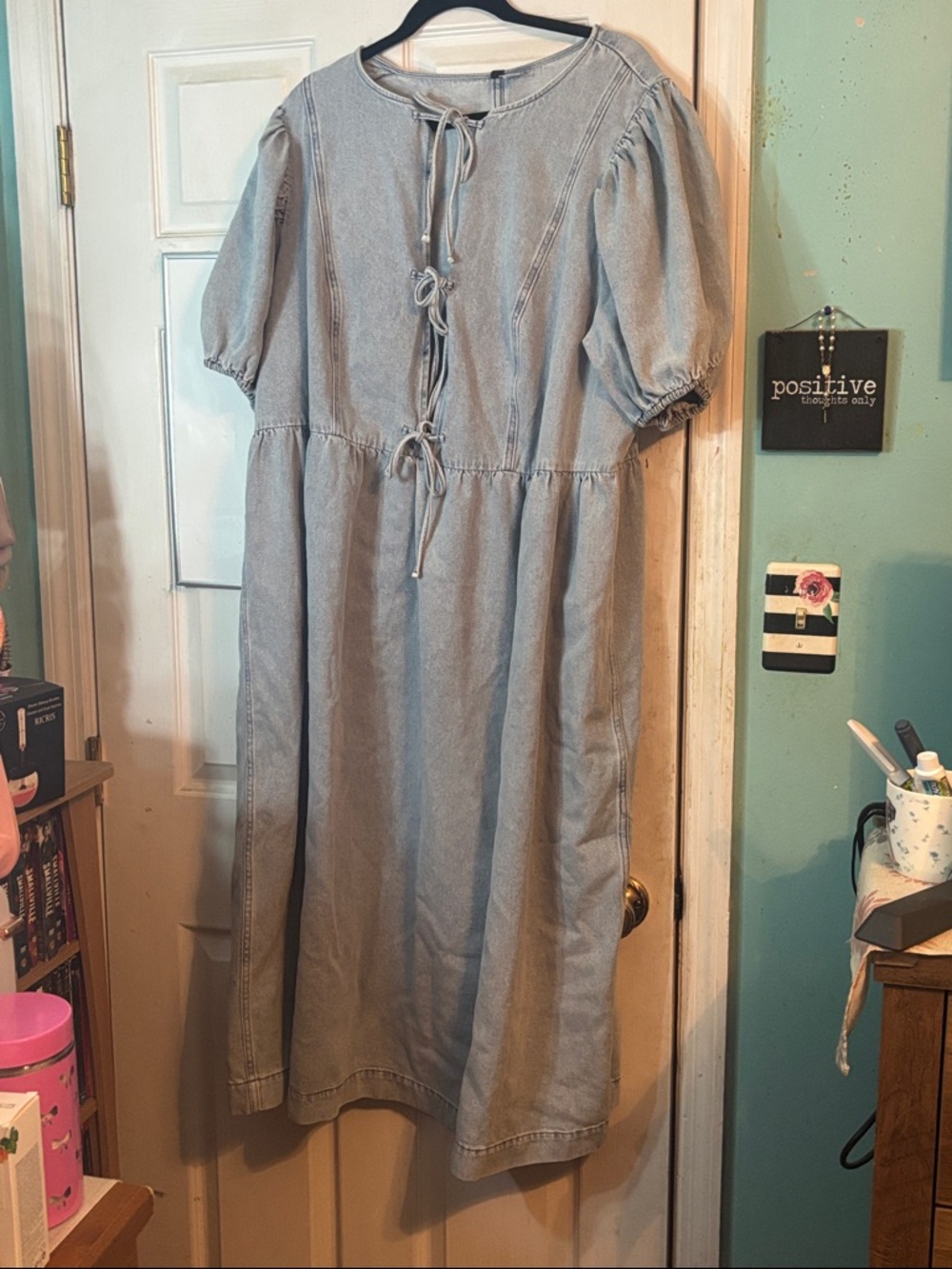 H&M Light Blue Denim Midi Dress with Tie Front Size XXL